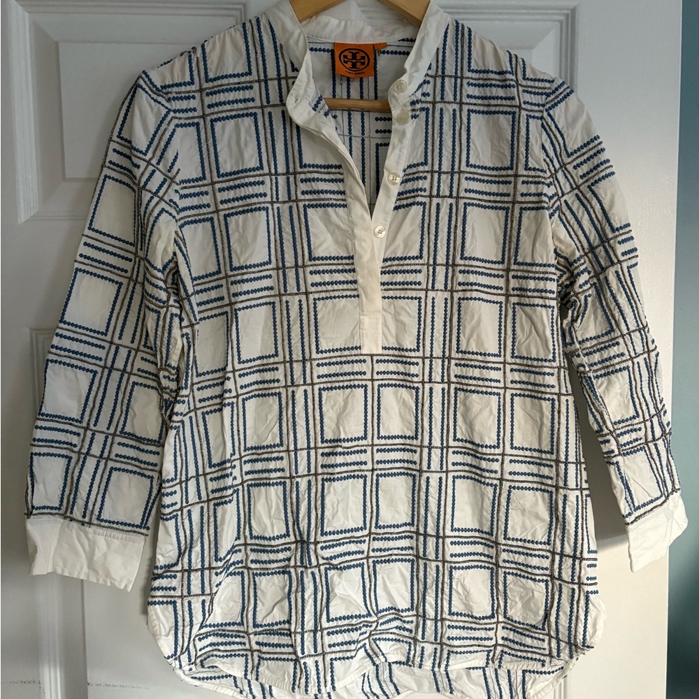 Tory Burch Blue and White Embroidered Tunic Shirt